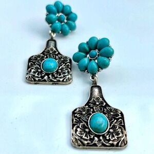 Floral Drop Earrings Silver Toned Engraved Floral  Oval Turquoise Stones OS NEW